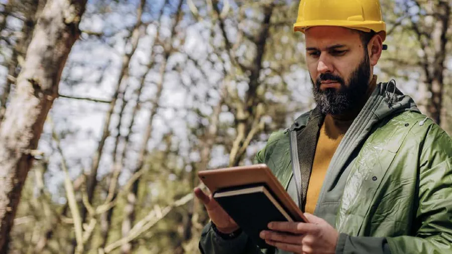 A maintenance worker working outside in a hard hat looking at a pad