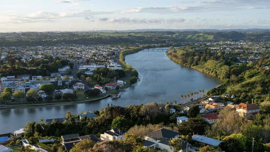 A town along a riverbank
